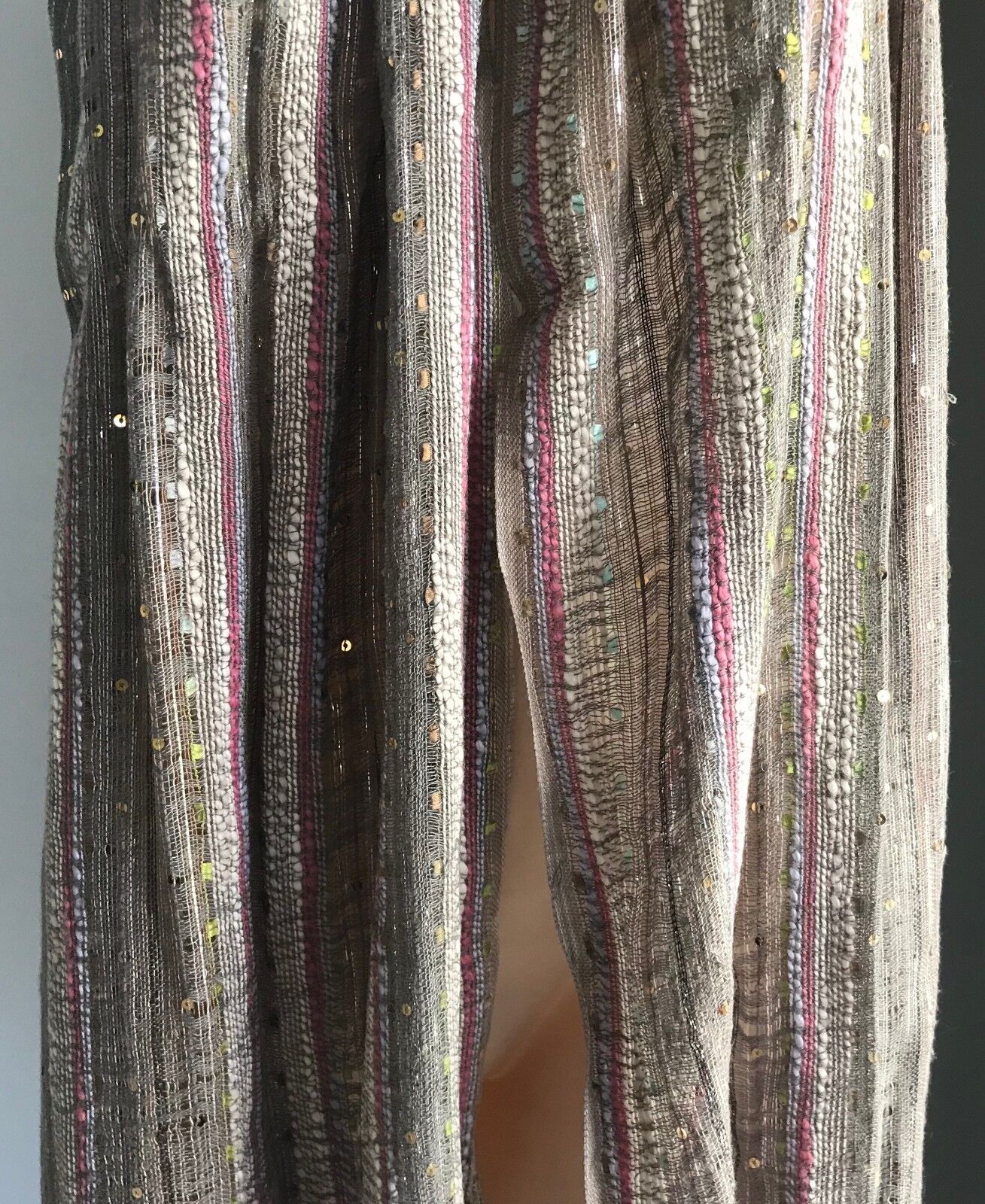 Fringed Neck SCARF Wrap Stripe Shawl w Sequins Taupe Silver Ivory Pink Rectangle