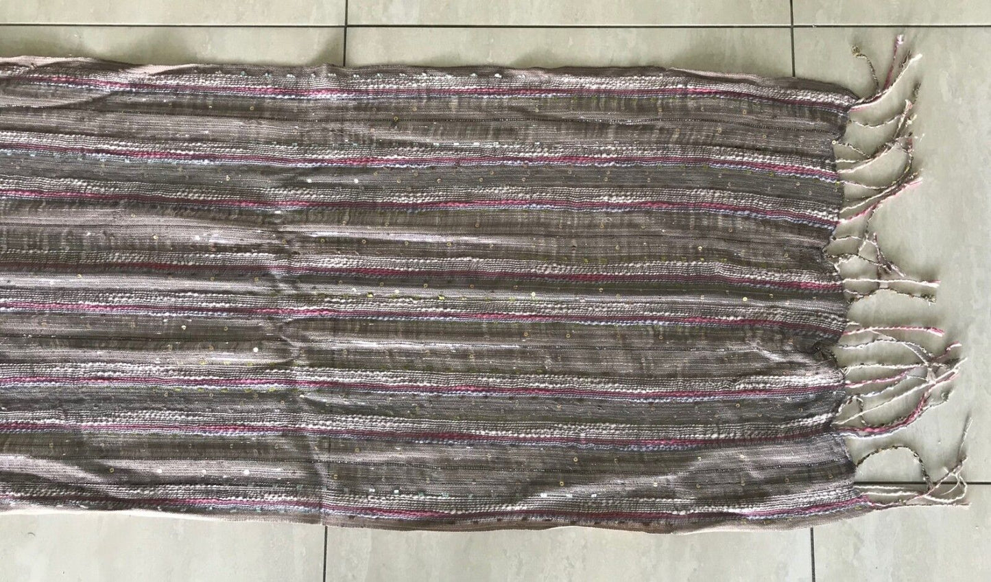 Fringed Neck SCARF Wrap Stripe Shawl w Sequins Taupe Silver Ivory Pink Rectangle