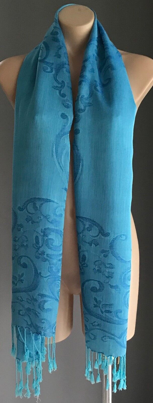 FRINGED RECTANGLE BAROQUE NECK WRAP SCARF Bright Sky Blue Baroque Print Shawl