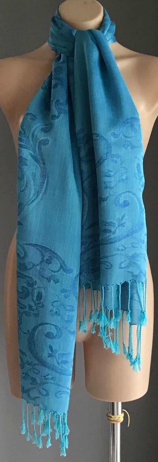 FRINGED RECTANGLE BAROQUE NECK WRAP SCARF Bright Sky Blue Baroque Print Shawl