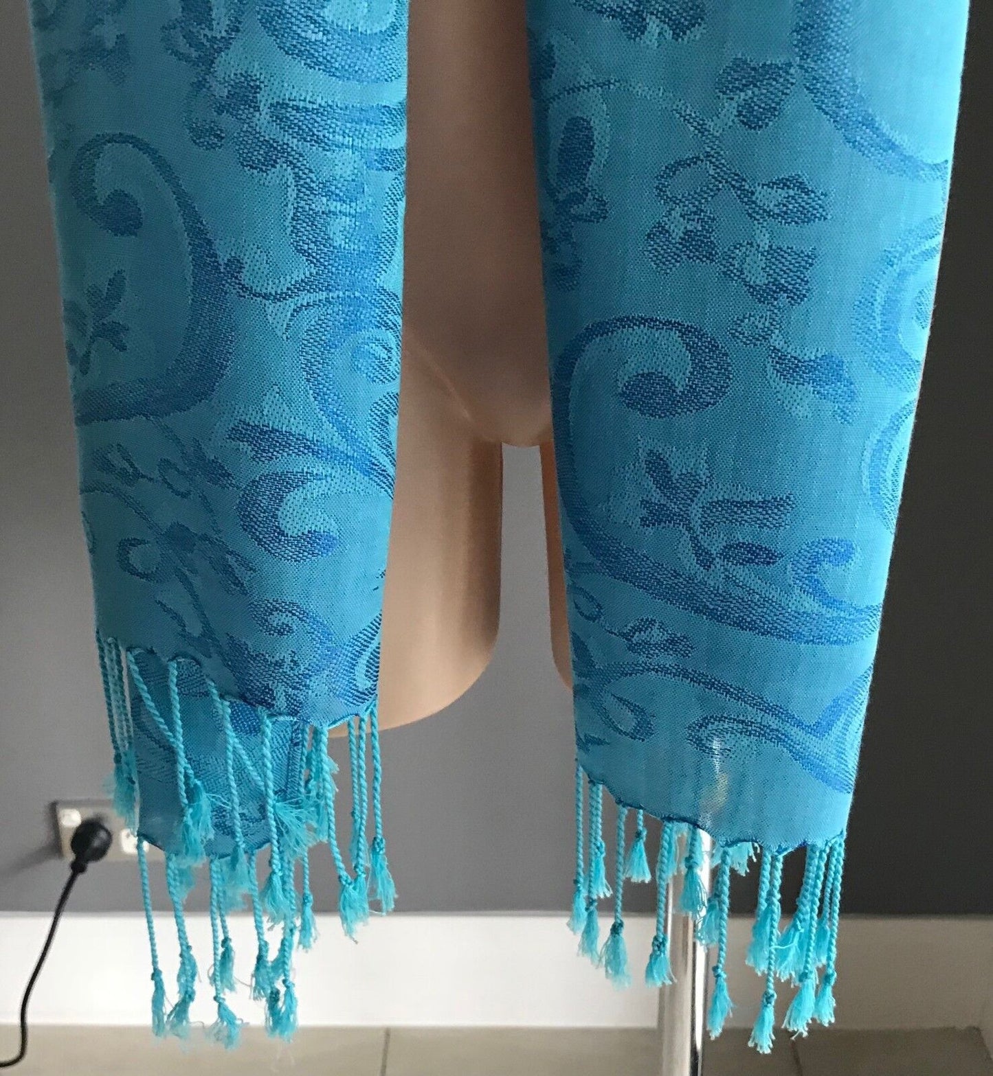 FRINGED RECTANGLE BAROQUE NECK WRAP SCARF Bright Sky Blue Baroque Print Shawl
