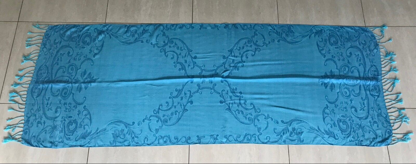 FRINGED RECTANGLE BAROQUE NECK WRAP SCARF Bright Sky Blue Baroque Print Shawl