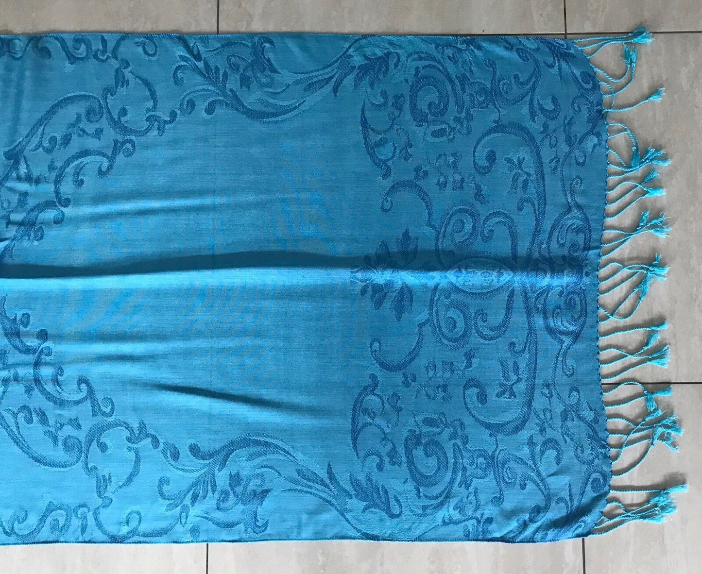 FRINGED RECTANGLE BAROQUE NECK WRAP SCARF Bright Sky Blue Baroque Print Shawl