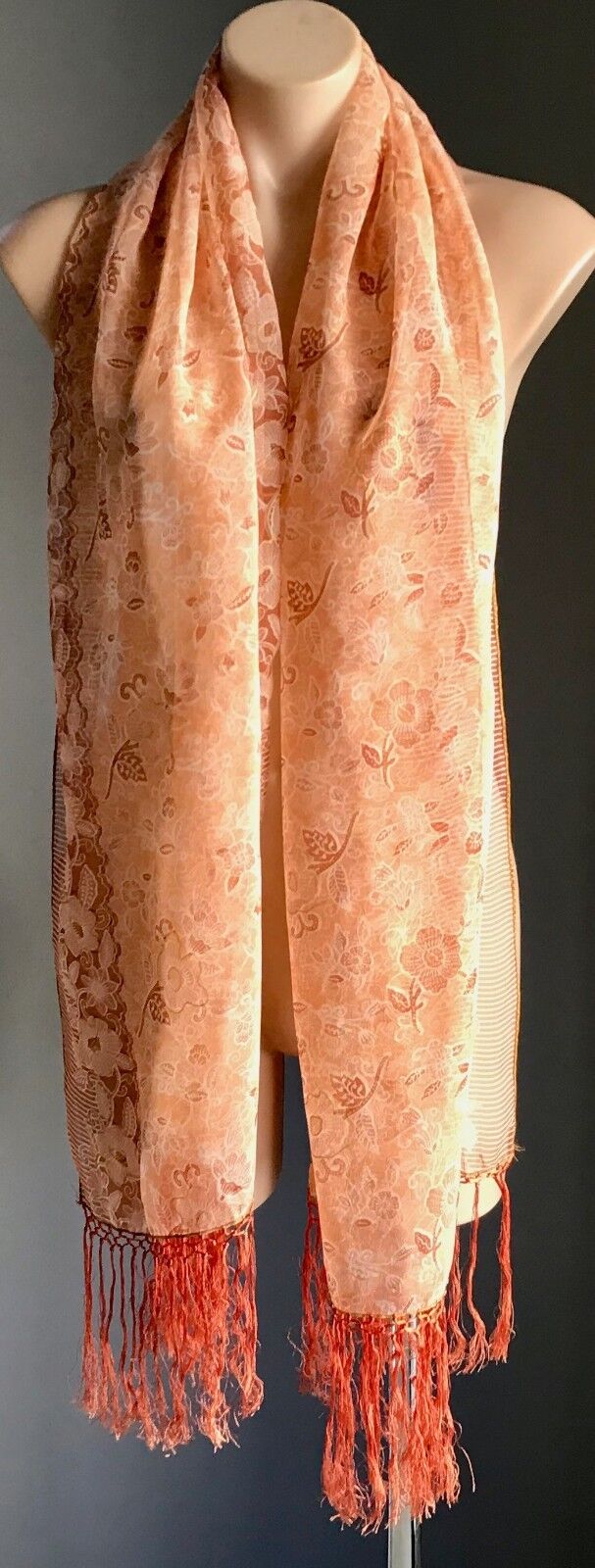 Boho Sheer Scarf Orange Ivory & Gold Highlight Floral Print Fringe Trim