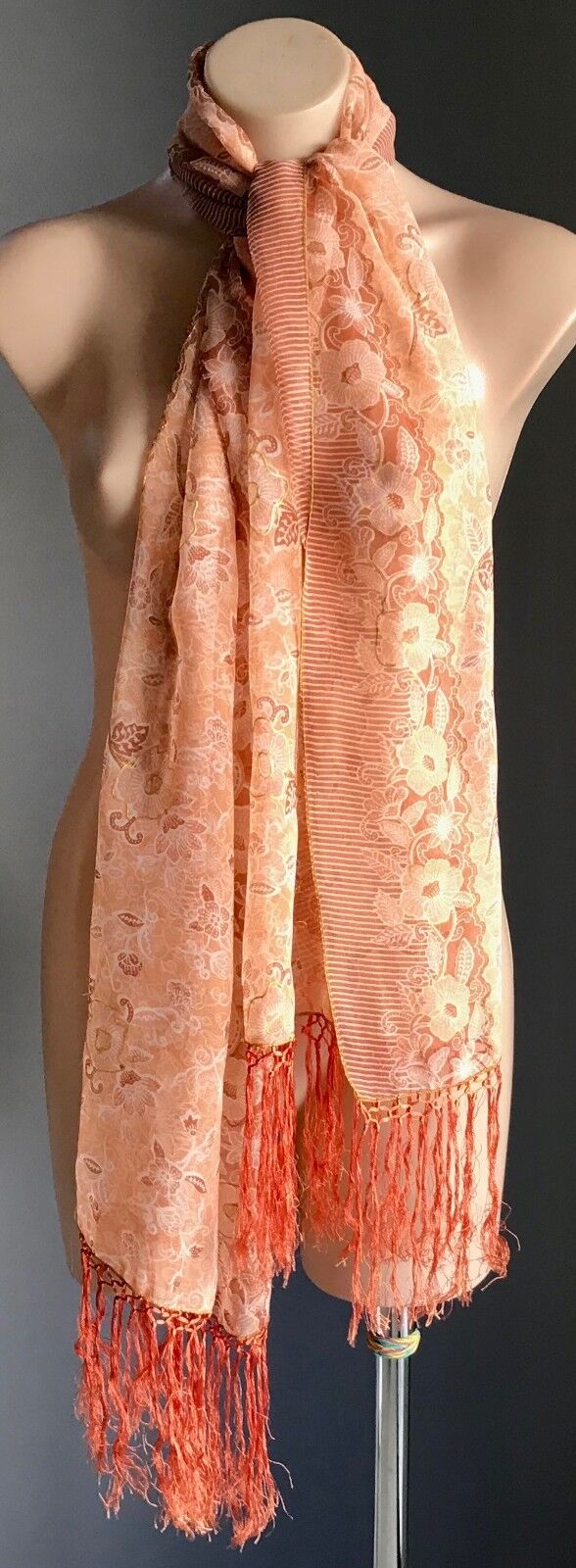 Boho Sheer Scarf Orange Ivory & Gold Highlight Floral Print Fringe Trim
