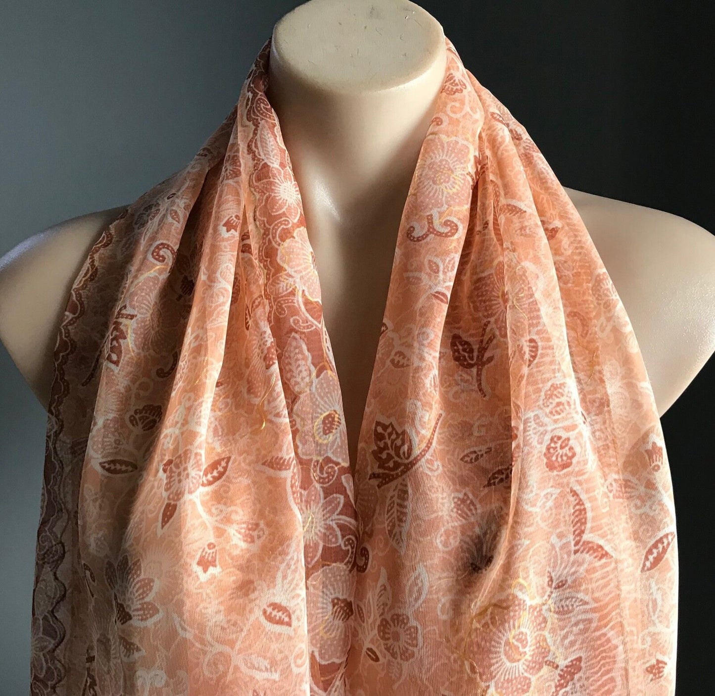 Boho Sheer Scarf Orange Ivory & Gold Highlight Floral Print Fringe Trim