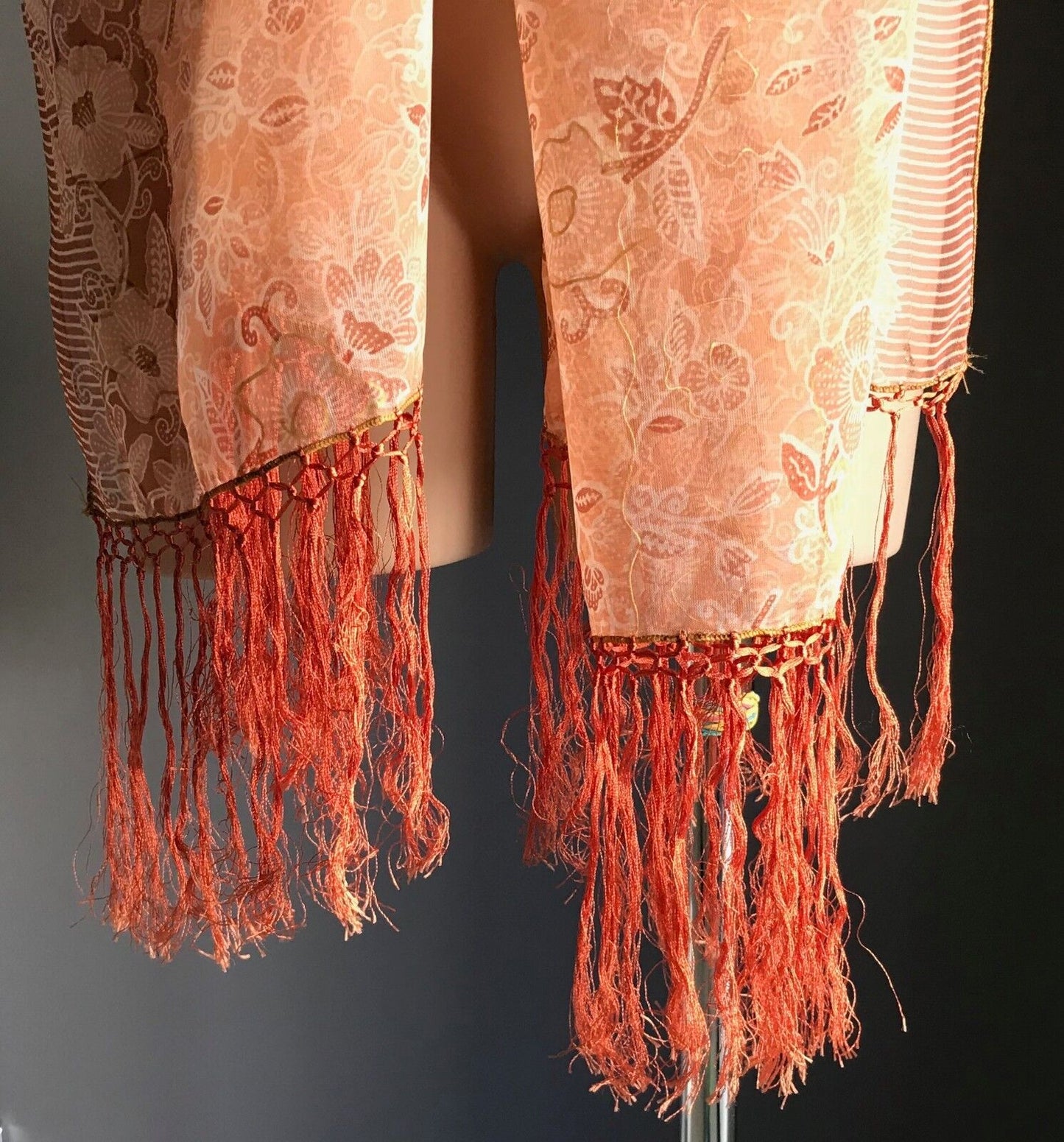 Boho Sheer Scarf Orange Ivory & Gold Highlight Floral Print Fringe Trim