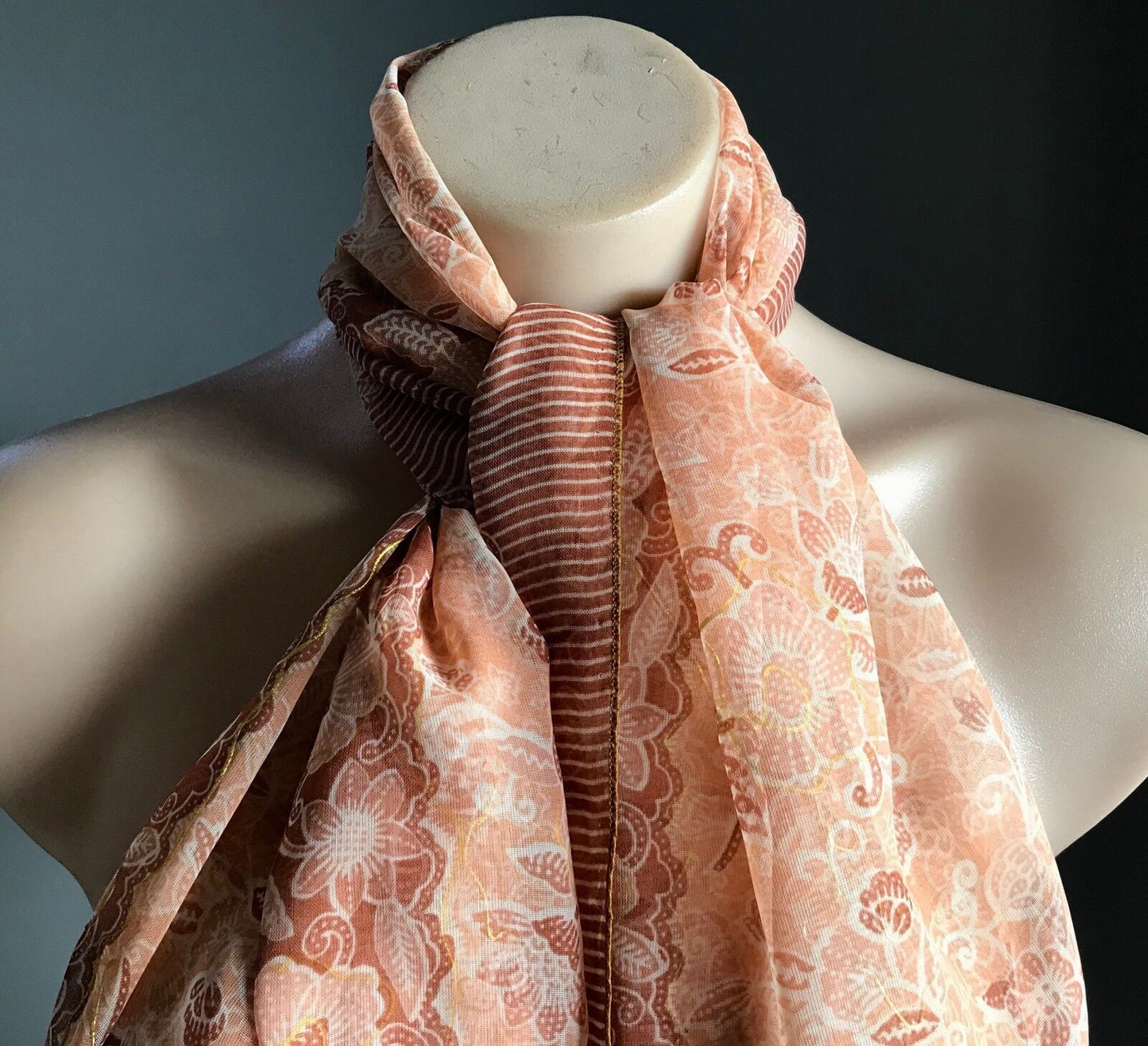 Boho Sheer Scarf Orange Ivory & Gold Highlight Floral Print Fringe Trim