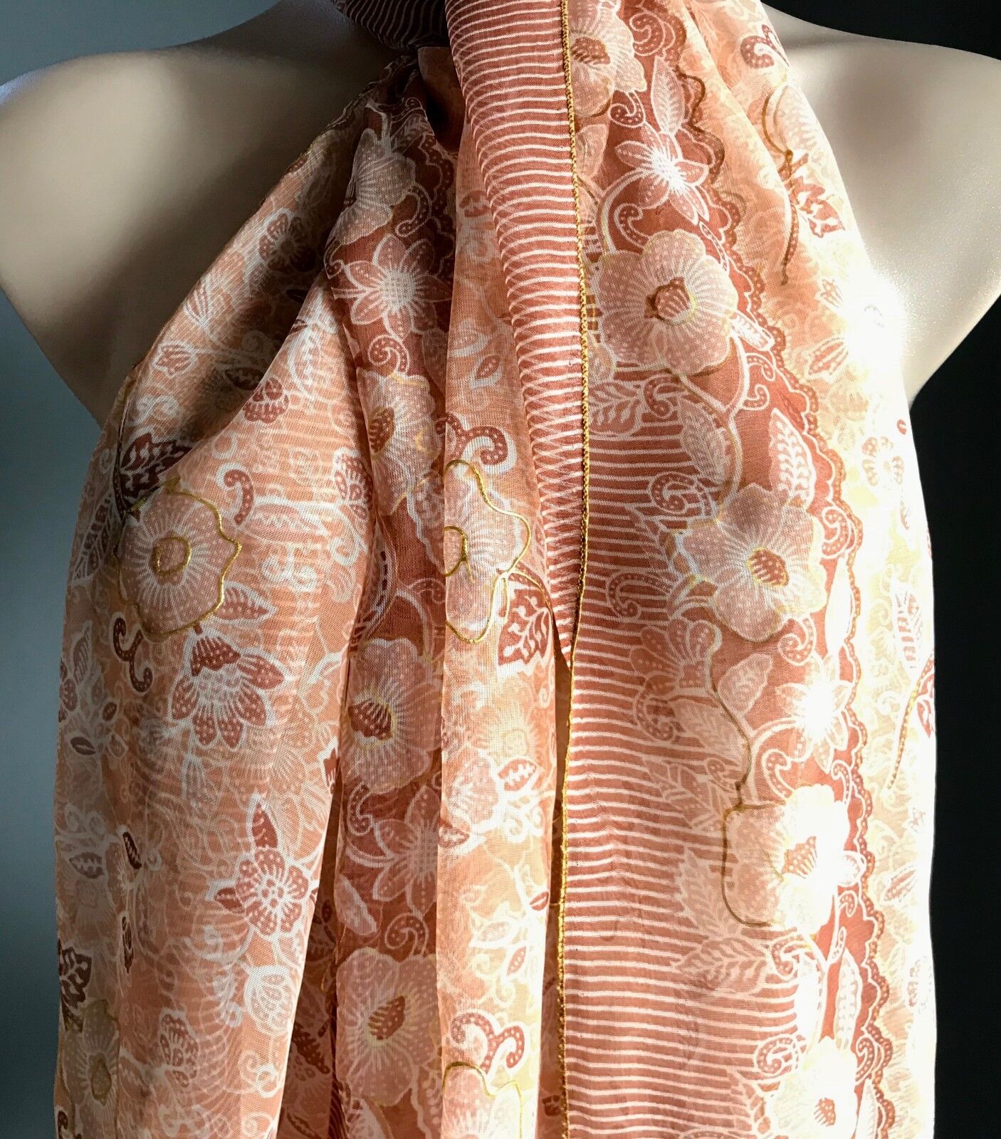 Boho Sheer Scarf Orange Ivory & Gold Highlight Floral Print Fringe Trim