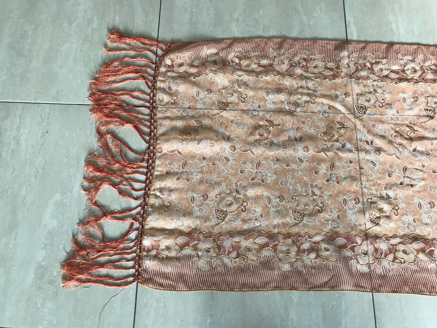 Boho Sheer Scarf Orange Ivory & Gold Highlight Floral Print Fringe Trim