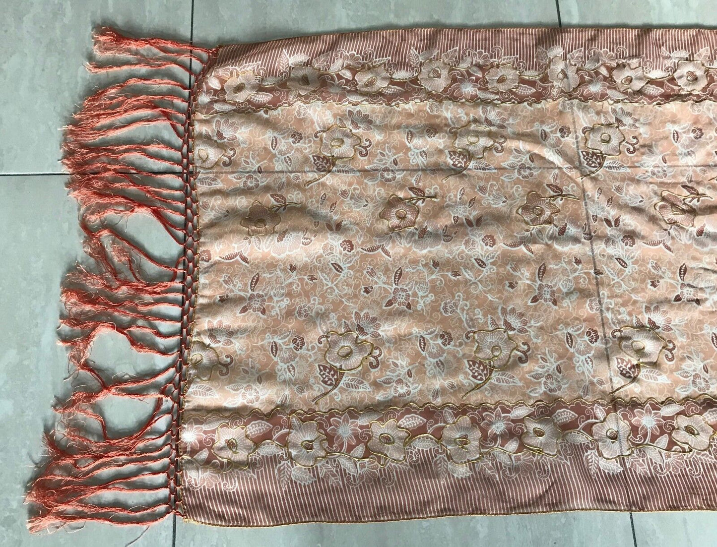 Boho Sheer Scarf Orange Ivory & Gold Highlight Floral Print Fringe Trim