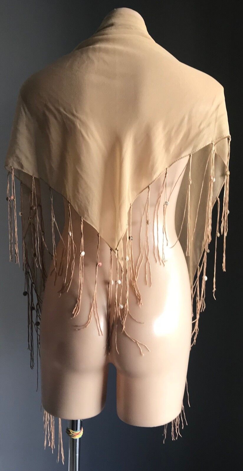 FRINGED SHAWL Boho 1990s  w Shells TRIANGLE NECK or HIP Sheer Gold Sand Colour