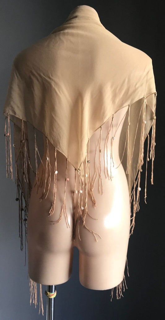 FRINGED SHAWL Boho 1990s  w Shells TRIANGLE NECK or HIP Sheer Gold Sand Colour