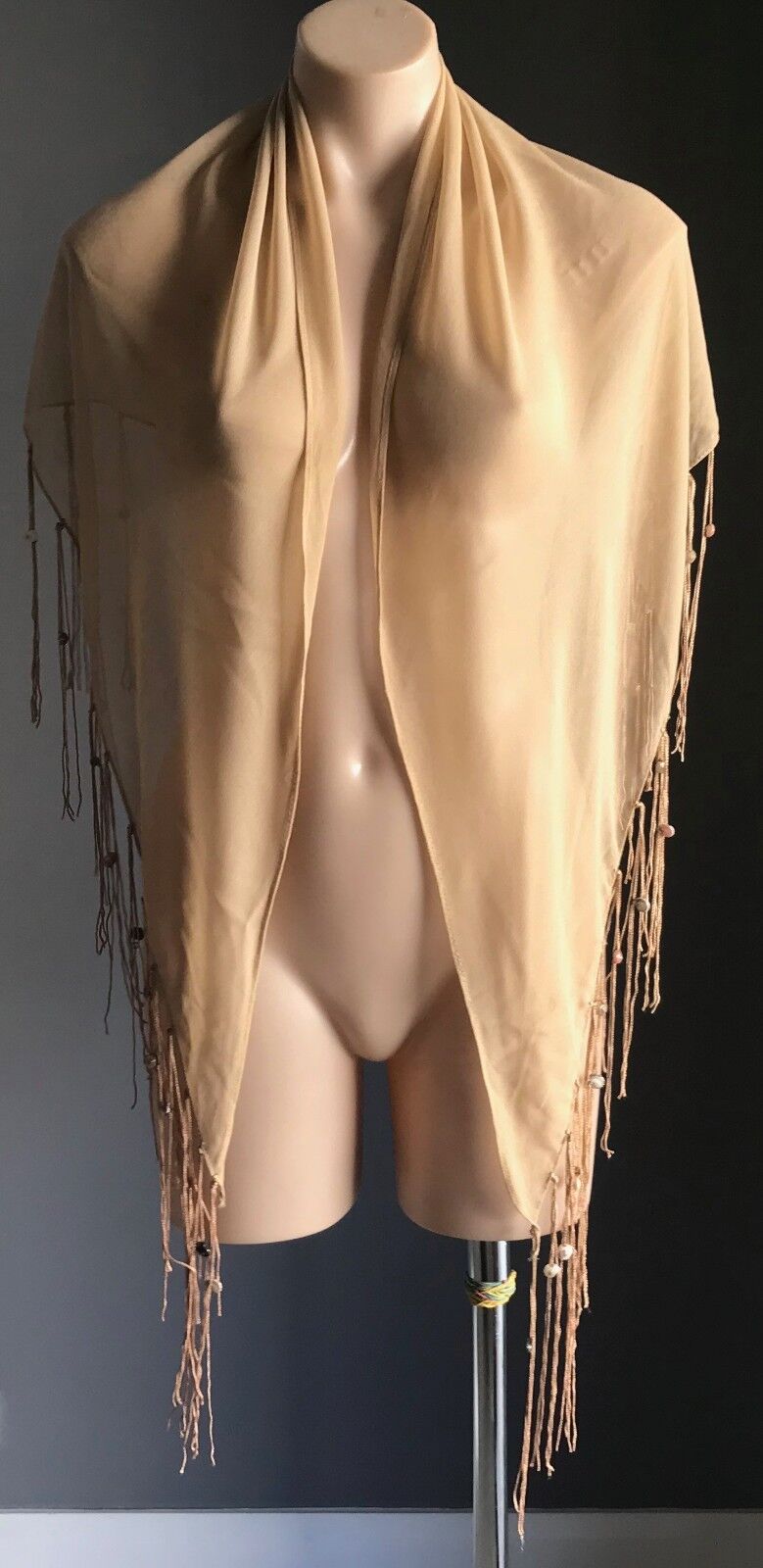 FRINGED SHAWL Boho 1990s  w Shells TRIANGLE NECK or HIP Sheer Gold Sand Colour
