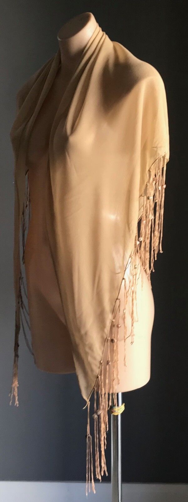 FRINGED SHAWL Boho 1990s  w Shells TRIANGLE NECK or HIP Sheer Gold Sand Colour