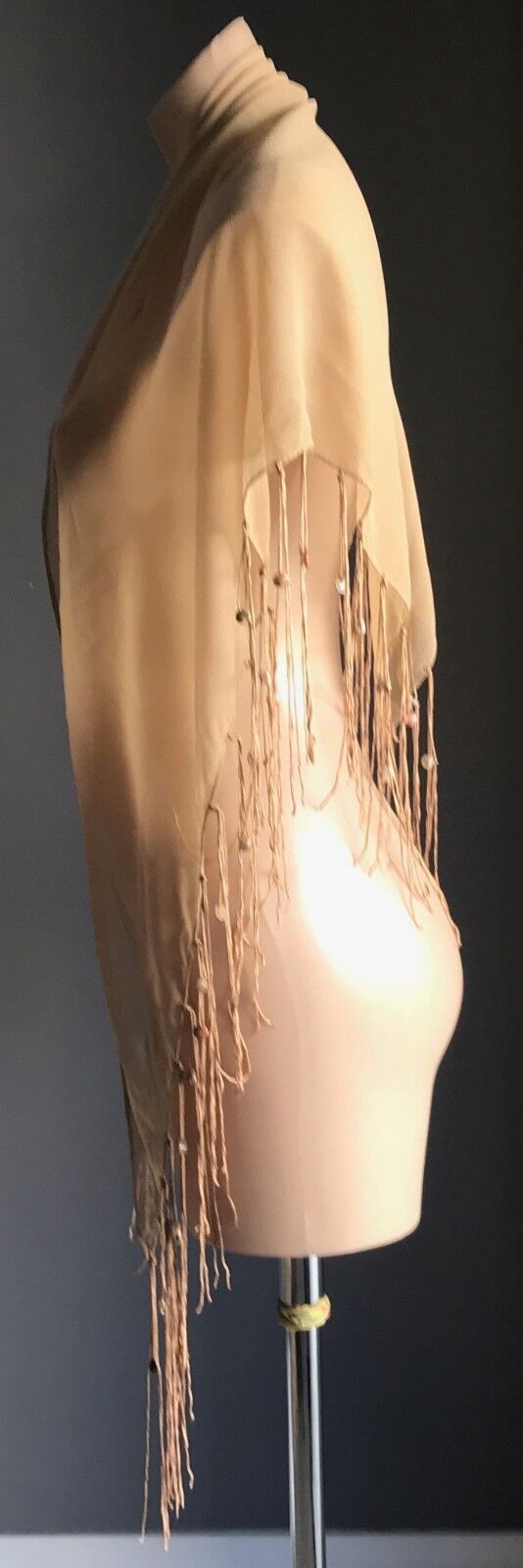 FRINGED SHAWL Boho 1990s  w Shells TRIANGLE NECK or HIP Sheer Gold Sand Colour