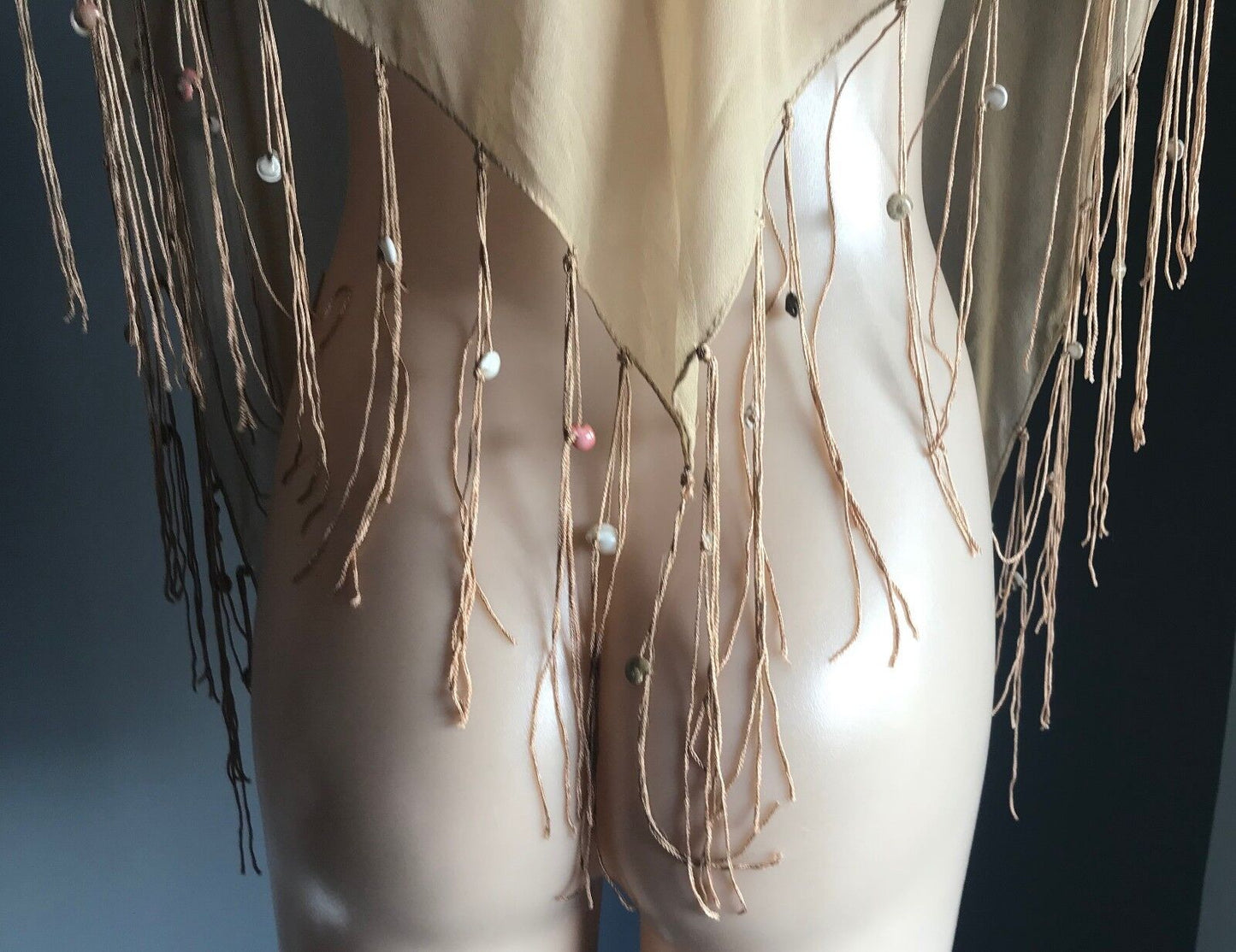 FRINGED SHAWL Boho 1990s  w Shells TRIANGLE NECK or HIP Sheer Gold Sand Colour