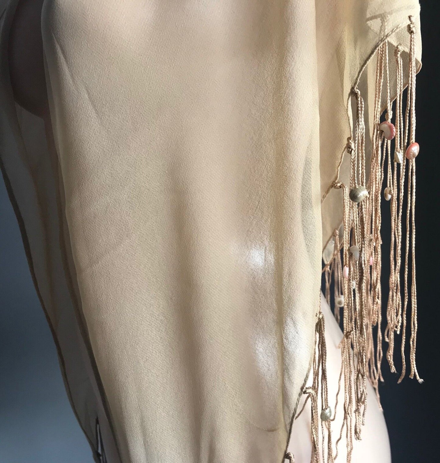 FRINGED SHAWL Boho 1990s  w Shells TRIANGLE NECK or HIP Sheer Gold Sand Colour