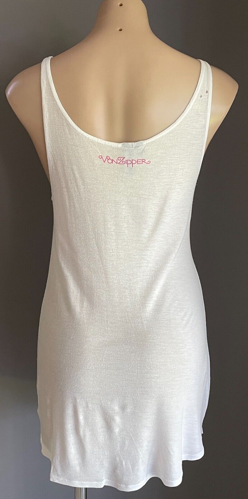 VON ZIPPER White Tank Top Sleeveless Graphic Print At Front Size 10 Small Holes