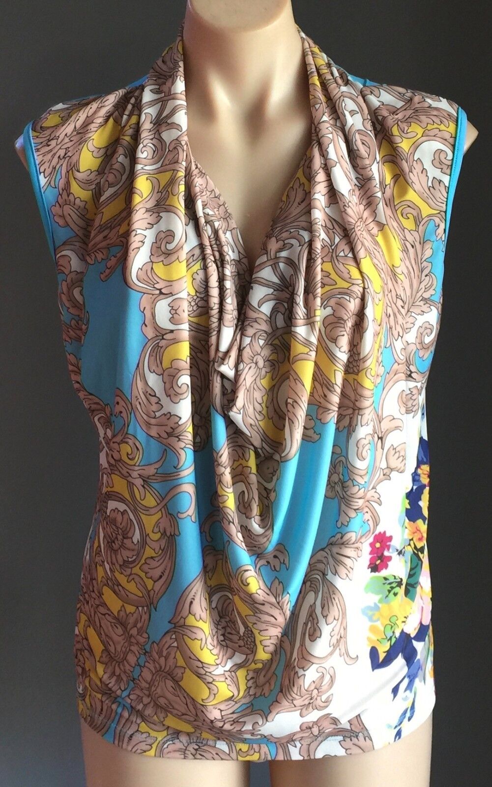 CHINA DOLL CHIC Top Cowl Neck Stretch Colourful & Paisley Pattern Size S 10 New