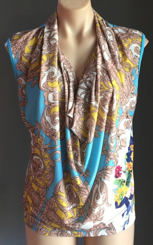 CHINA DOLL CHIC Top Cowl Neck Stretch Colourful & Paisley Pattern Size S 10 New