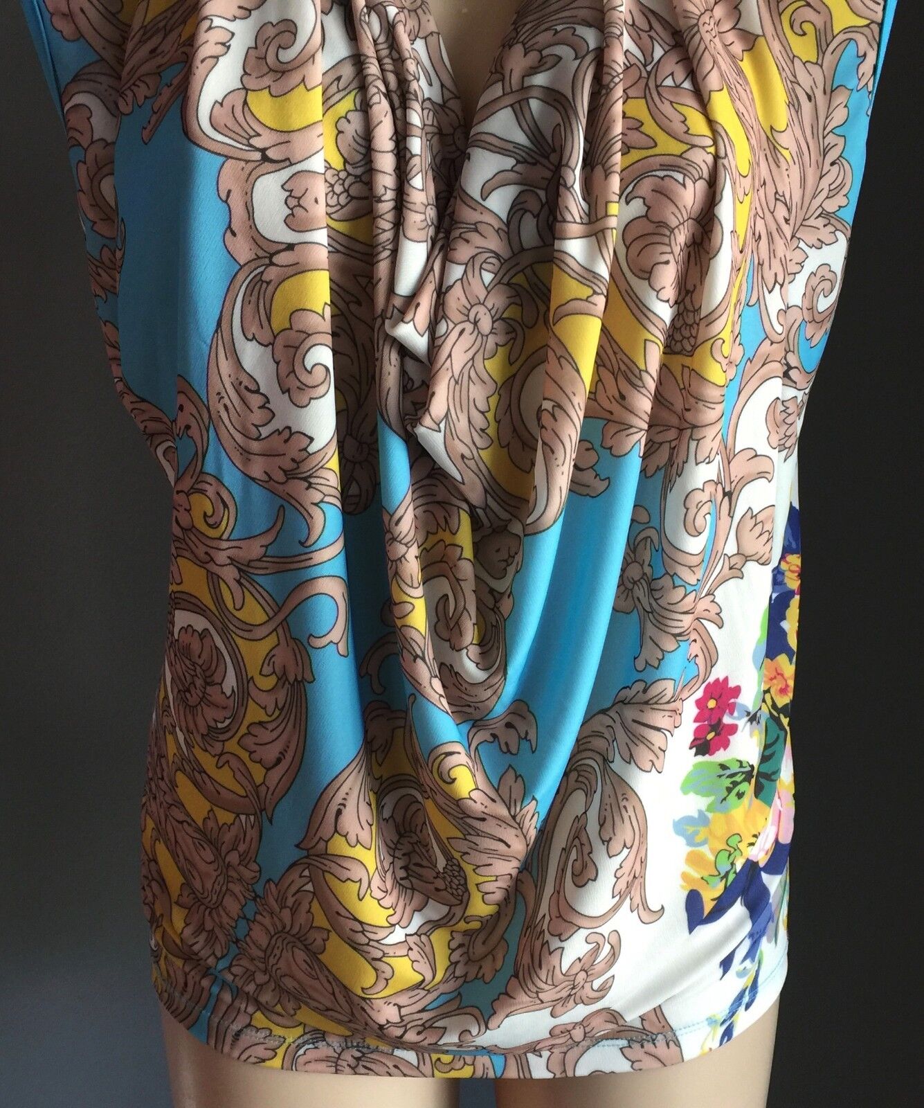 CHINA DOLL CHIC Top Cowl Neck Stretch Colourful & Paisley Pattern Size S 10 New