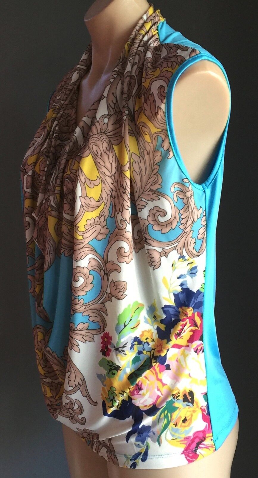 CHINA DOLL CHIC Top Cowl Neck Stretch Colourful & Paisley Pattern Size S 10 New