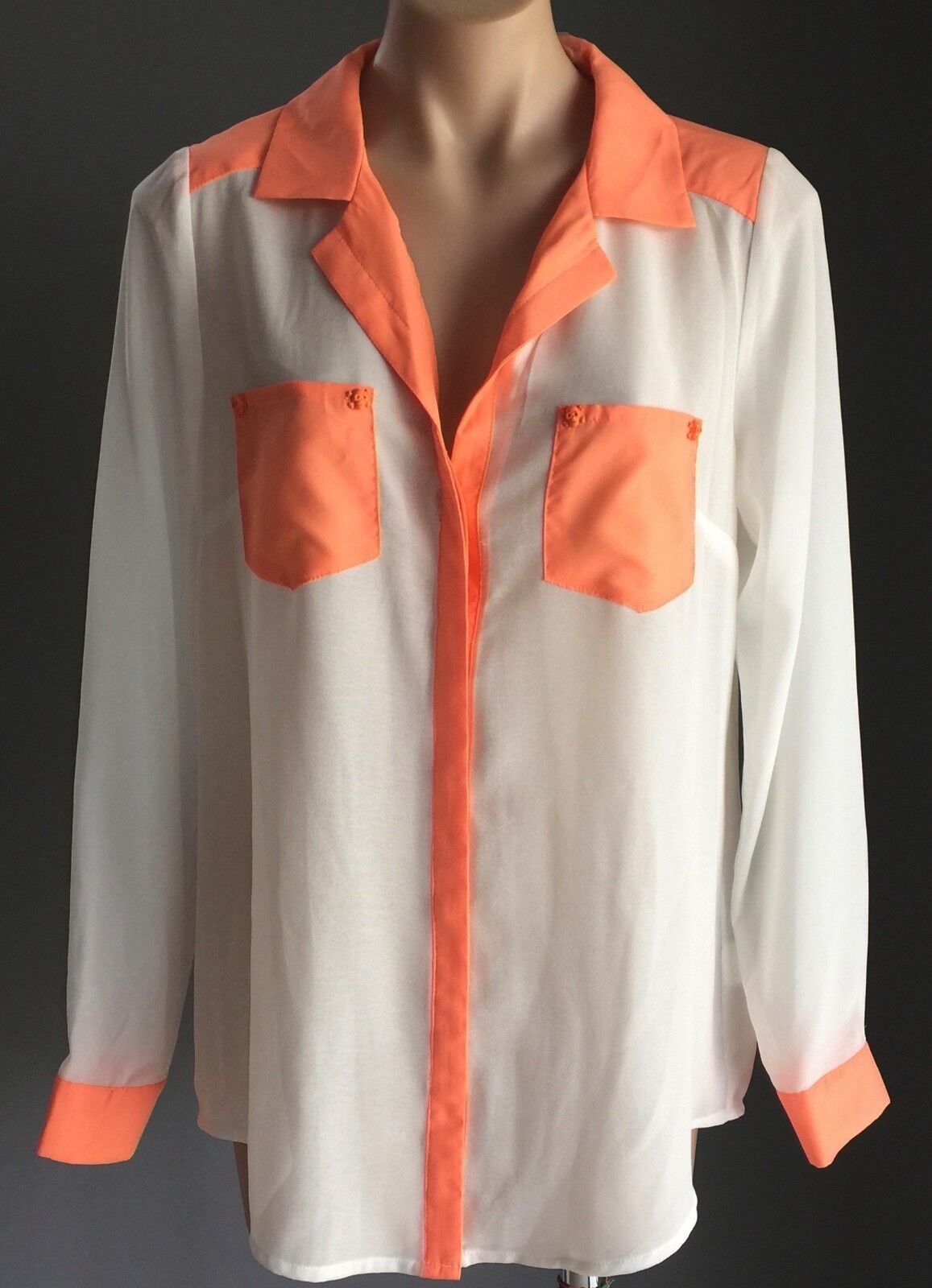 BLUEJUICE Shirt White Neon Orange Trim Long Sleeve Sheer Button Front Sz 12 NEW