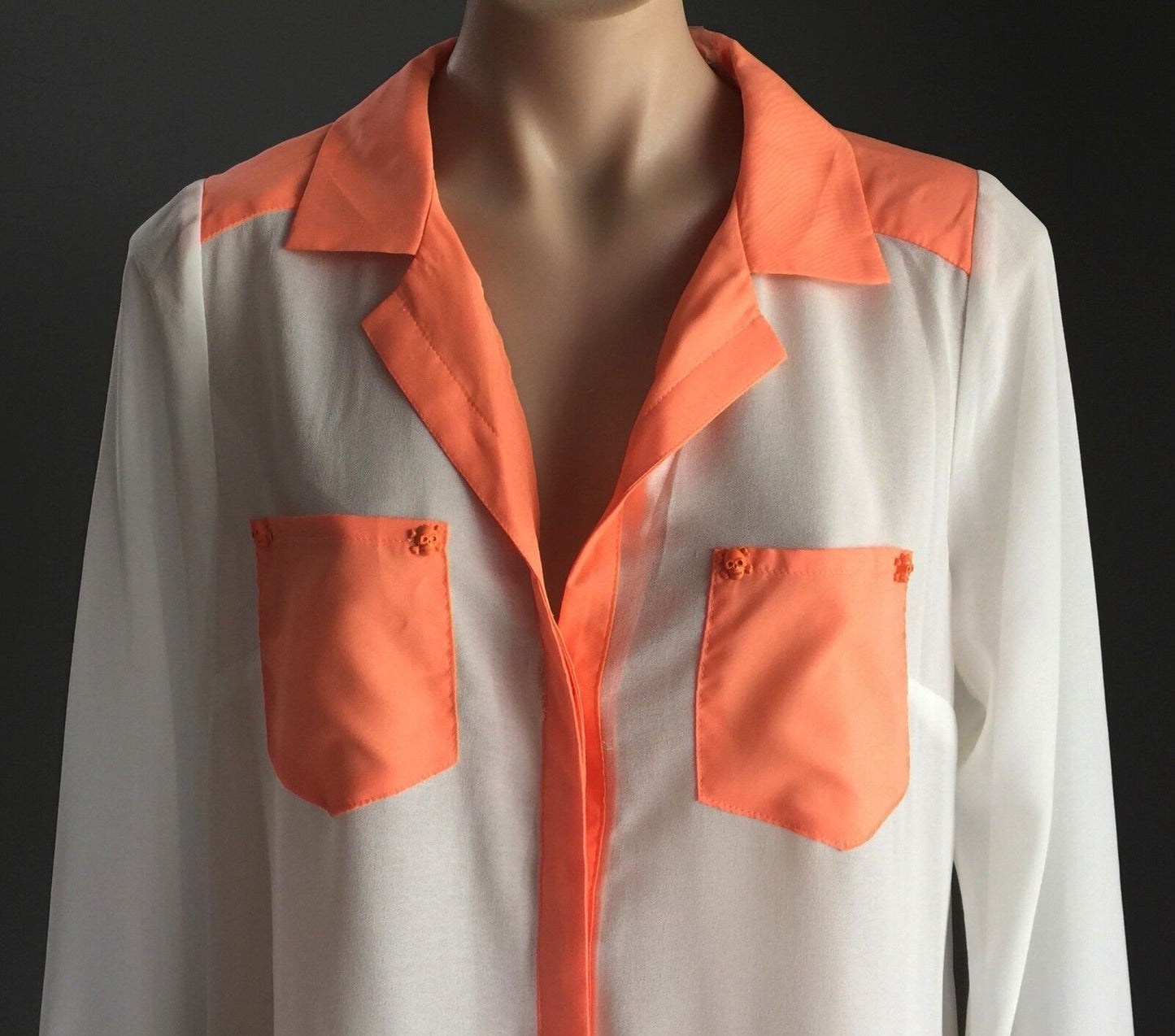 BLUEJUICE Shirt White Neon Orange Trim Long Sleeve Sheer Button Front Sz 12 NEW