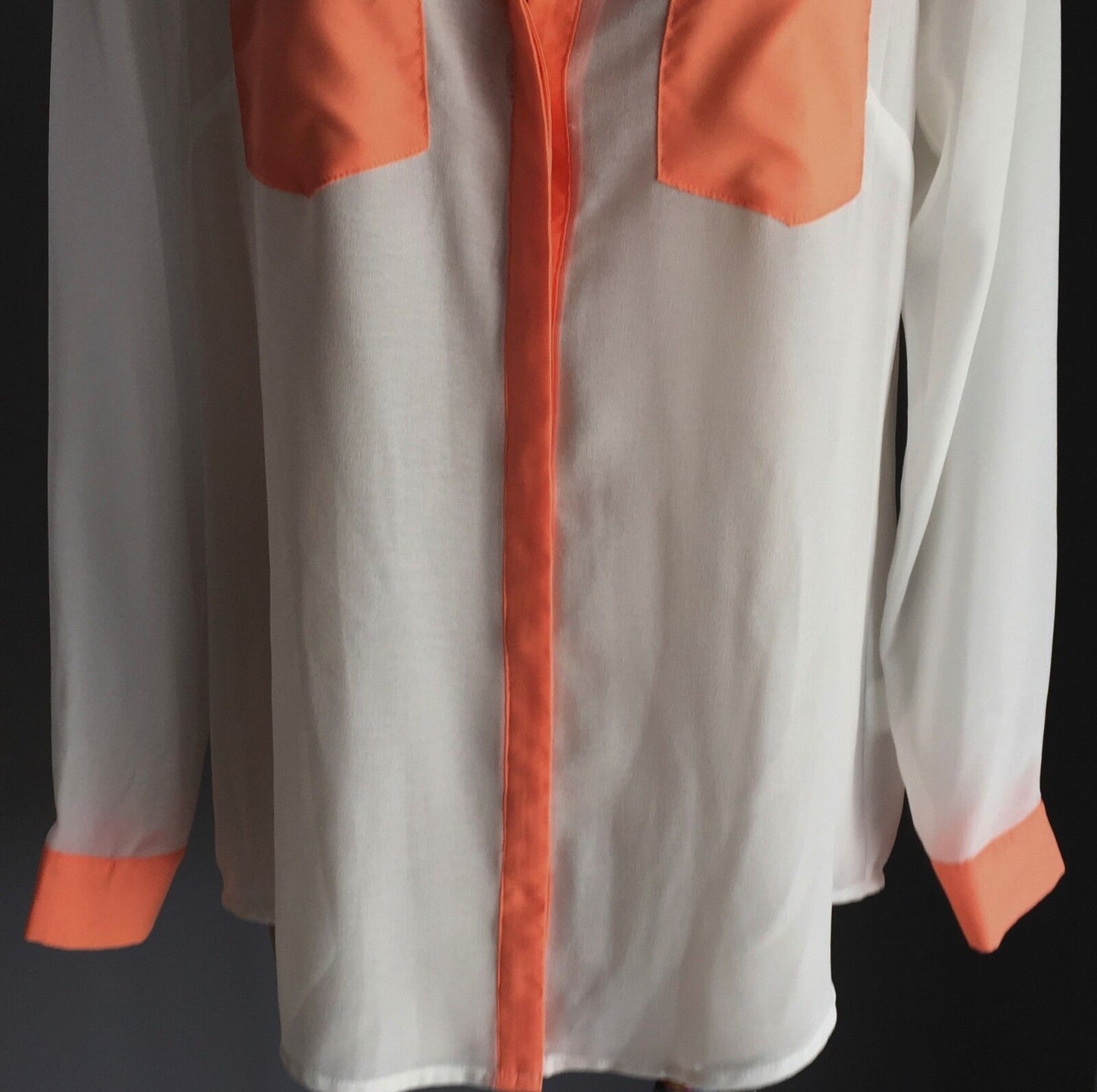 BLUEJUICE Shirt White Neon Orange Trim Long Sleeve Sheer Button Front Sz 12 NEW