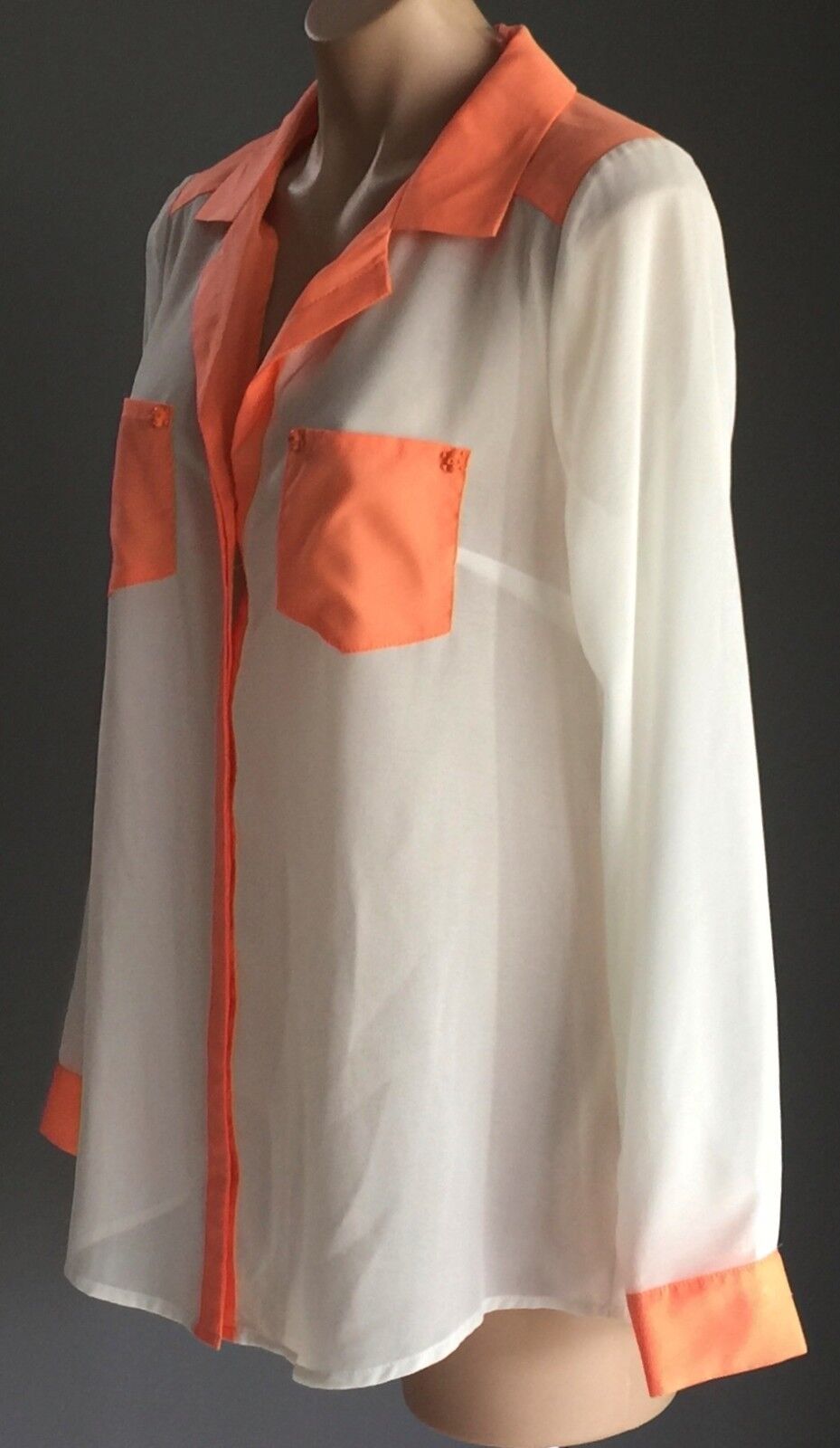 BLUEJUICE Shirt White Neon Orange Trim Long Sleeve Sheer Button Front Sz 12 NEW