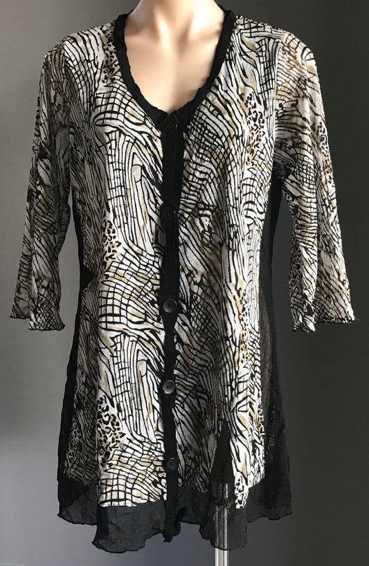 MARCO POLO Jacket Mesh Net Long Black Khaki Grey Print  Size M 12 Gorgeous