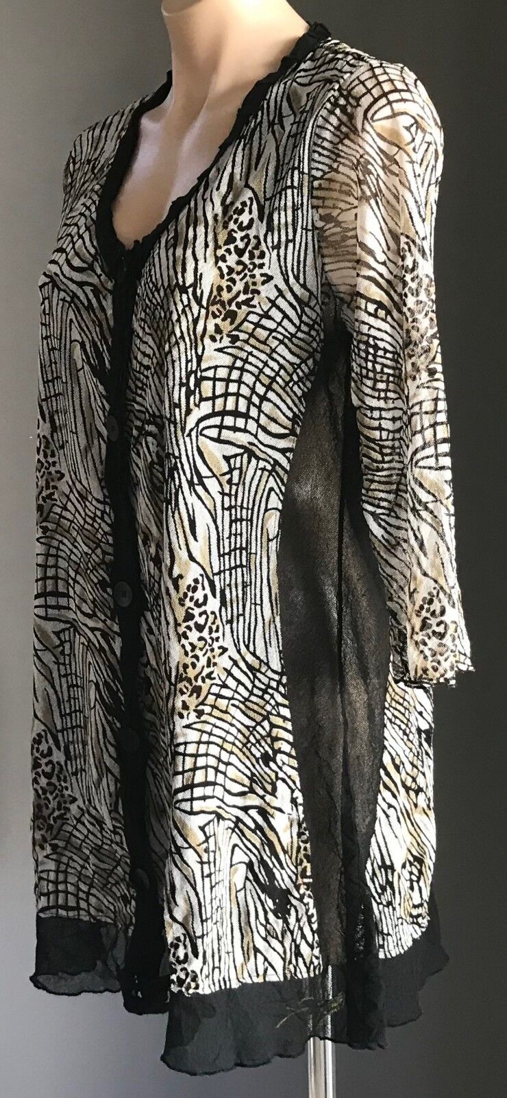 MARCO POLO Jacket Mesh Net Long Black Khaki Grey Print  Size M 12 Gorgeous