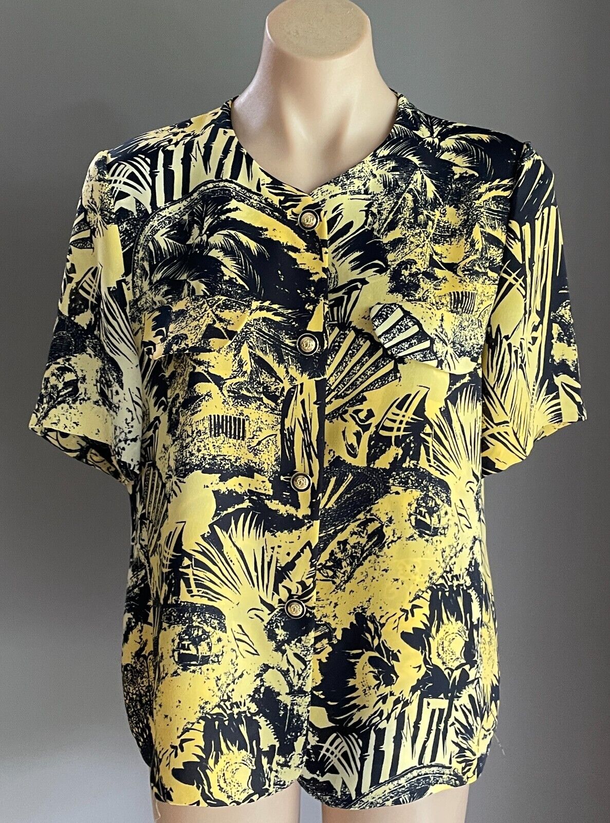 ARA Yellow Black Palm Botanic Print Short Sleeve Button Front Blouse Size 16