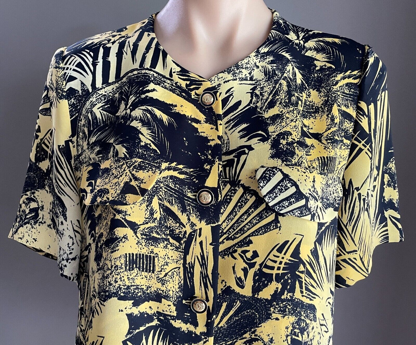 ARA Yellow Black Palm Botanic Print Short Sleeve Button Front Blouse Size 16