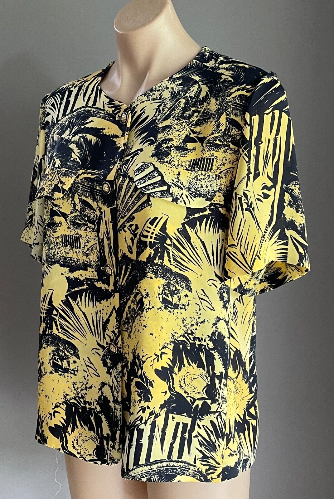ARA Yellow Black Palm Botanic Print Short Sleeve Button Front Blouse Size 16