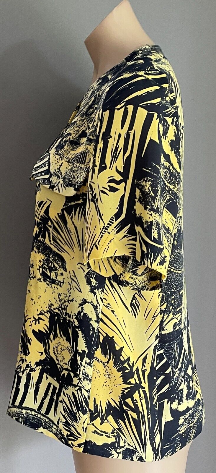 ARA Yellow Black Palm Botanic Print Short Sleeve Button Front Blouse Size 16