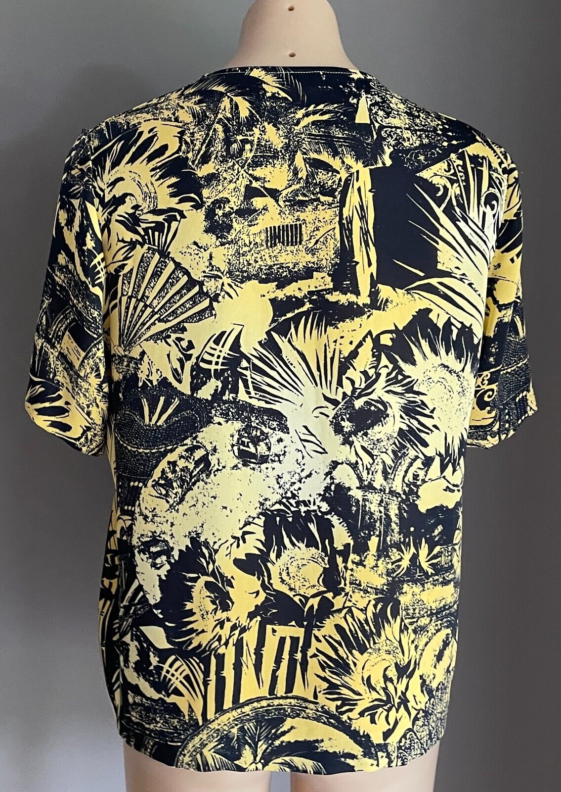 ARA Yellow Black Palm Botanic Print Short Sleeve Button Front Blouse Size 16