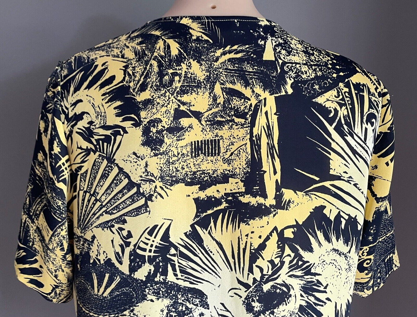 ARA Yellow Black Palm Botanic Print Short Sleeve Button Front Blouse Size 16