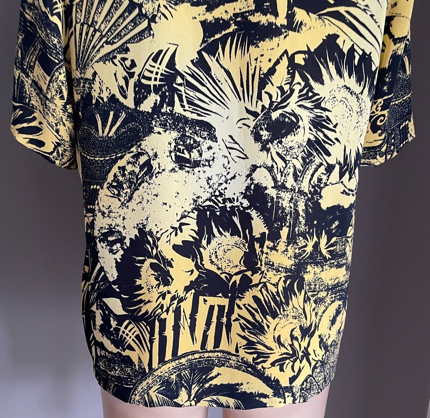 ARA Yellow Black Palm Botanic Print Short Sleeve Button Front Blouse Size 16