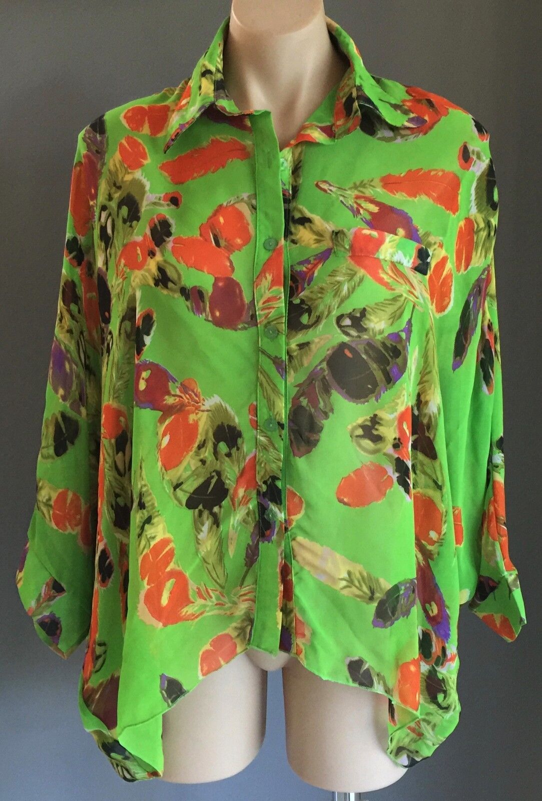 SWEET GIRL Button Shirt Sheer Bright Multi Colour Feather Print Dip Hem Size 10