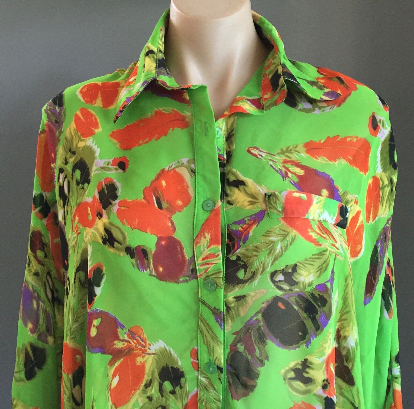 SWEET GIRL Button Shirt Sheer Bright Multi Colour Feather Print Dip Hem Size 10