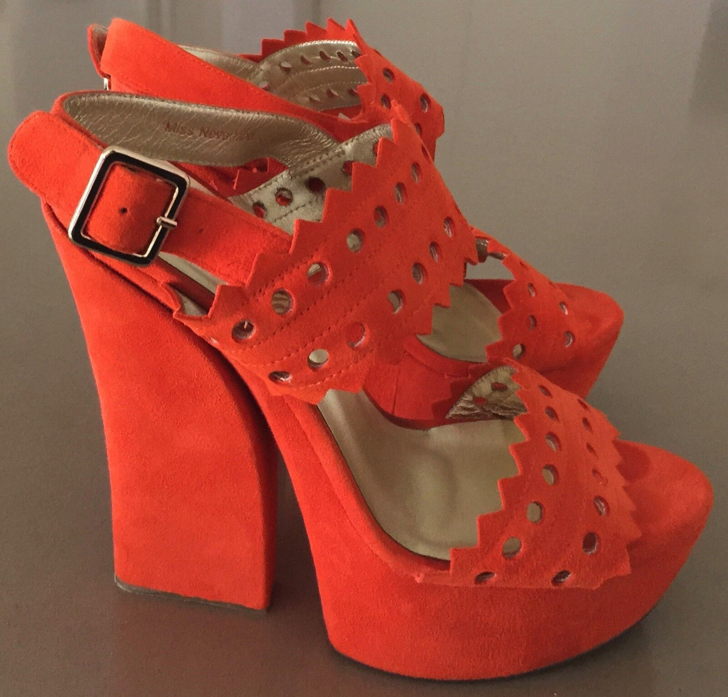 PEEPTOE "Miss Neverland" Wedges Orange Suede Platform Heels Size 38 Like New