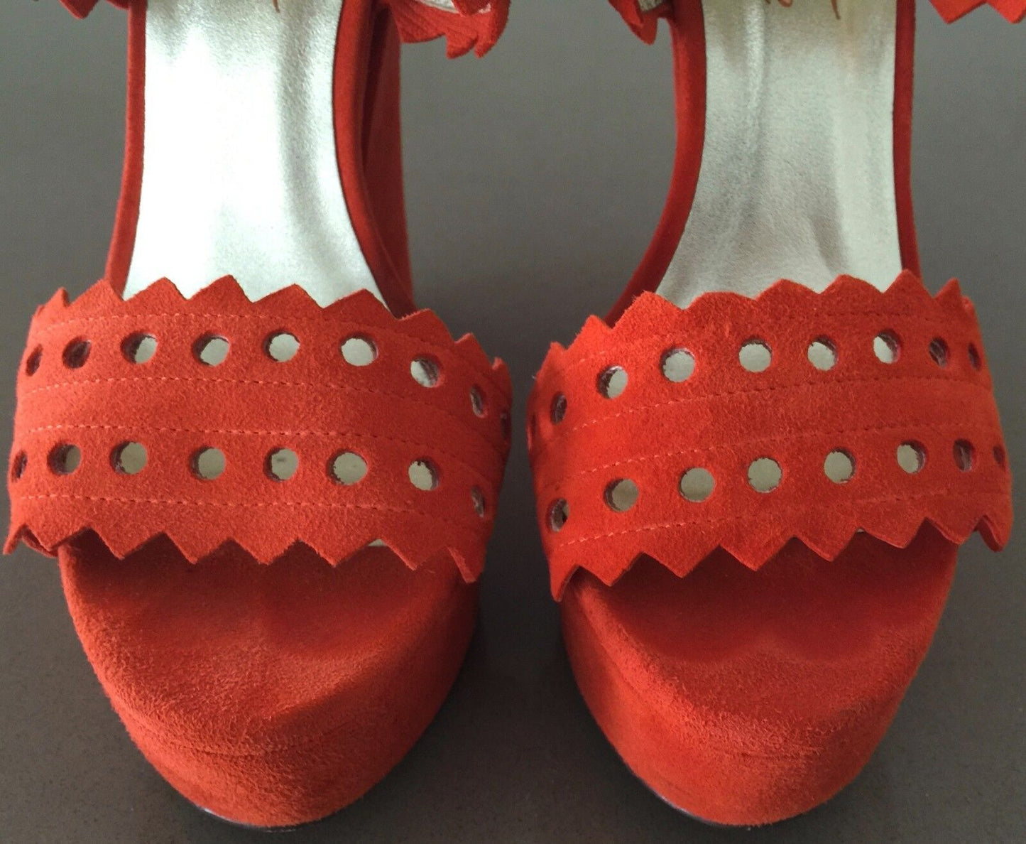 PEEPTOE "Miss Neverland" Wedges Orange Suede Platform Heels Size 38 Like New
