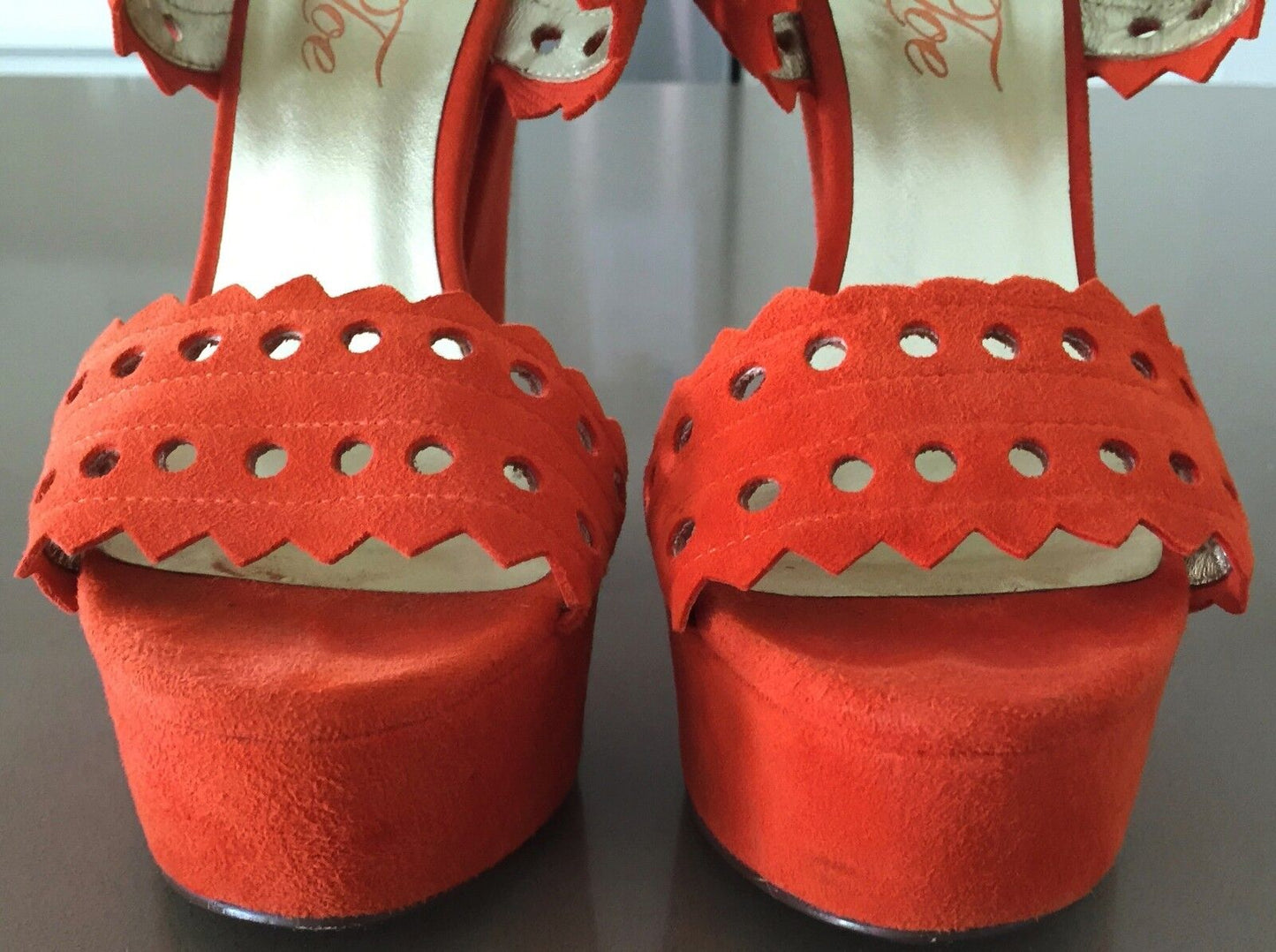 PEEPTOE "Miss Neverland" Wedges Orange Suede Platform Heels Size 38 Like New