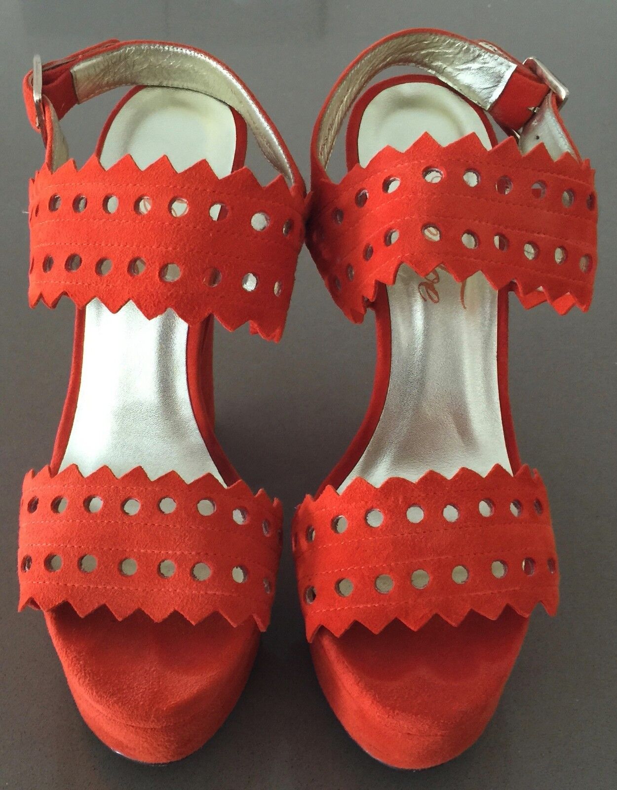 PEEPTOE "Miss Neverland" Wedges Orange Suede Platform Heels Size 38 Like New