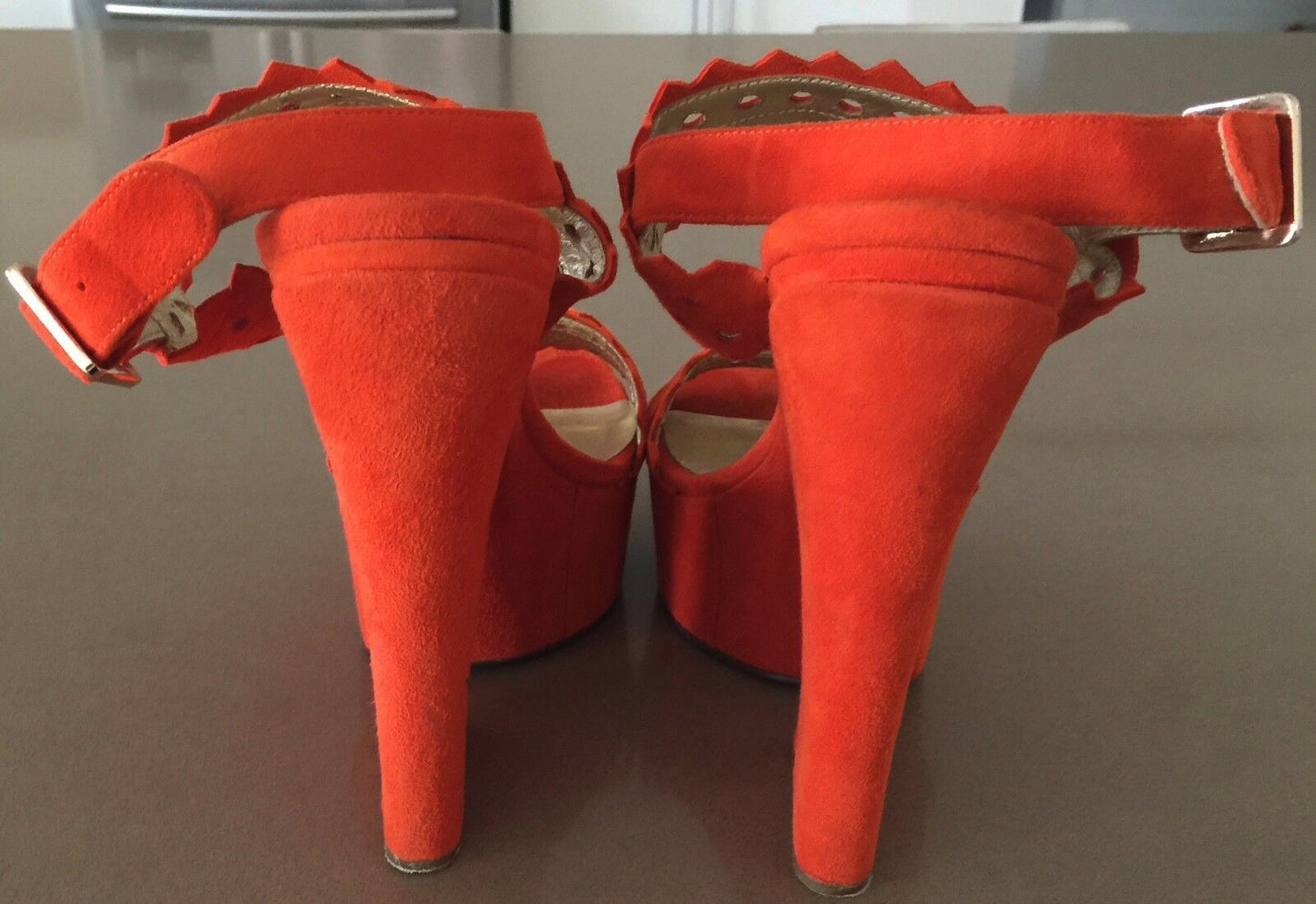 PEEPTOE "Miss Neverland" Wedges Orange Suede Platform Heels Size 38 Like New