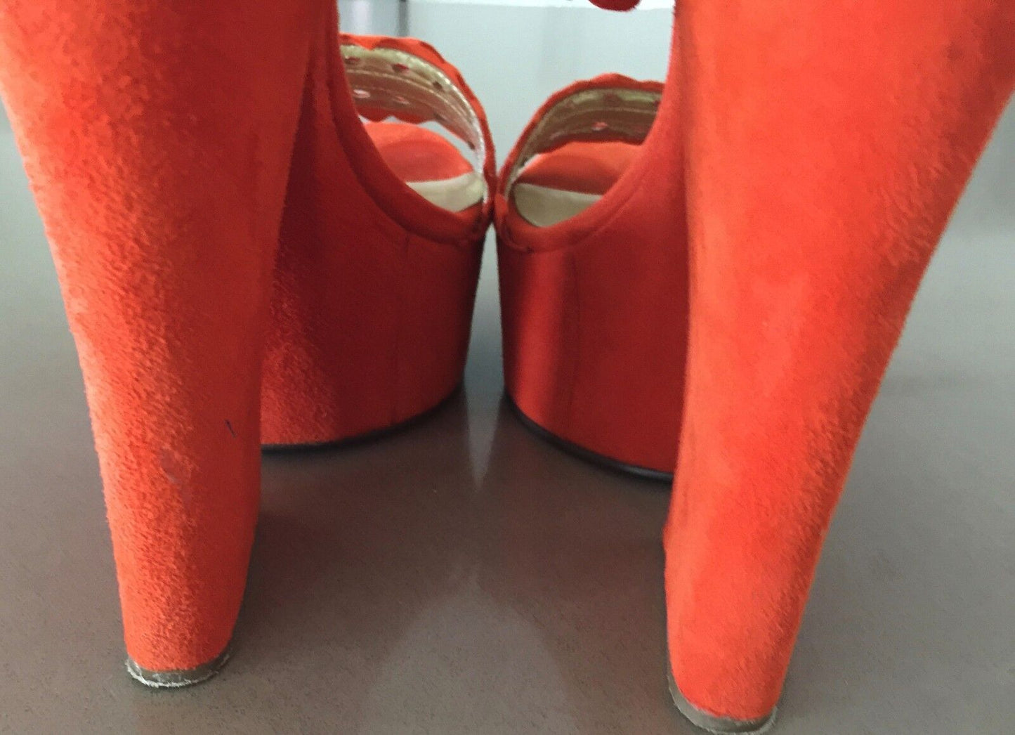 PEEPTOE "Miss Neverland" Wedges Orange Suede Platform Heels Size 38 Like New