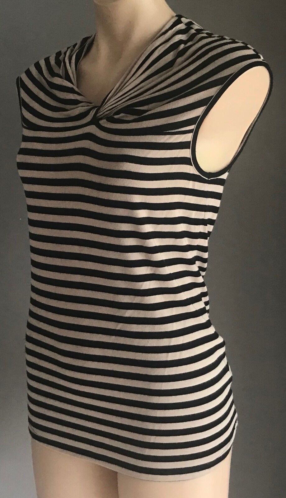 DAVID LAWRENCE Knot Top Black Taupe Stripe Stretch Extended Sleeve Ladies S 10