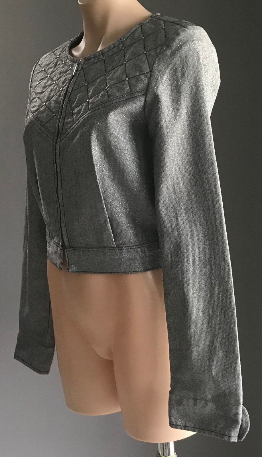 BEC & BRIDGE Crop Jacket Grey Silver Stud & Quilted Trim Size 10 NEW